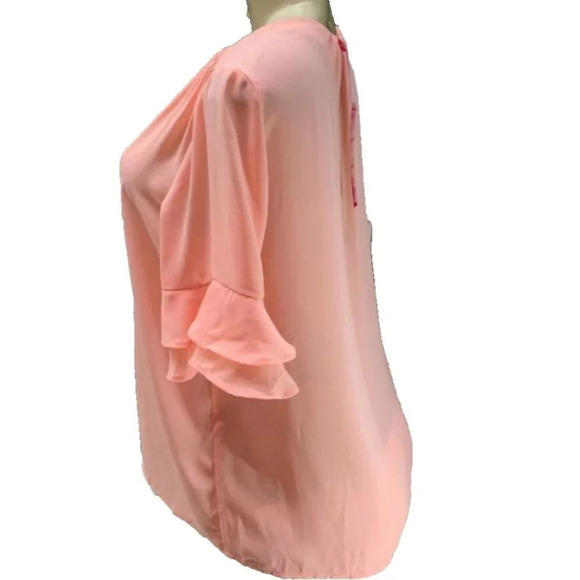 Catherine Malandrino S Coral Blush Sheer V-Neck Short Layer Ruffle Sleeve Blouse - Picture 5 of 6